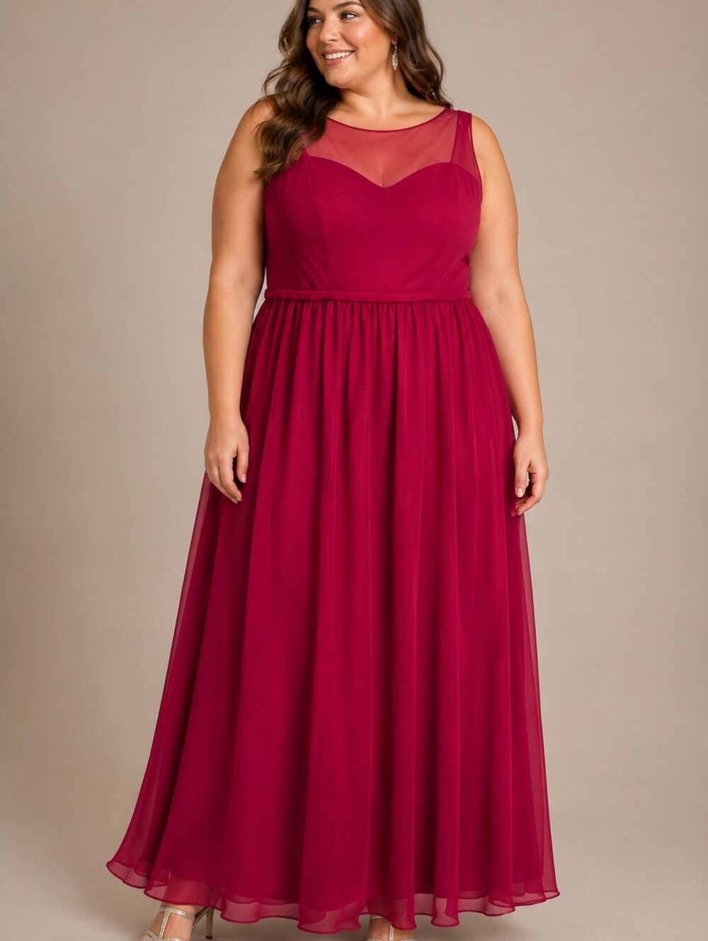 Da Vinci Chiffon Formal Dress Claret 16W NWT Illusion Neckline